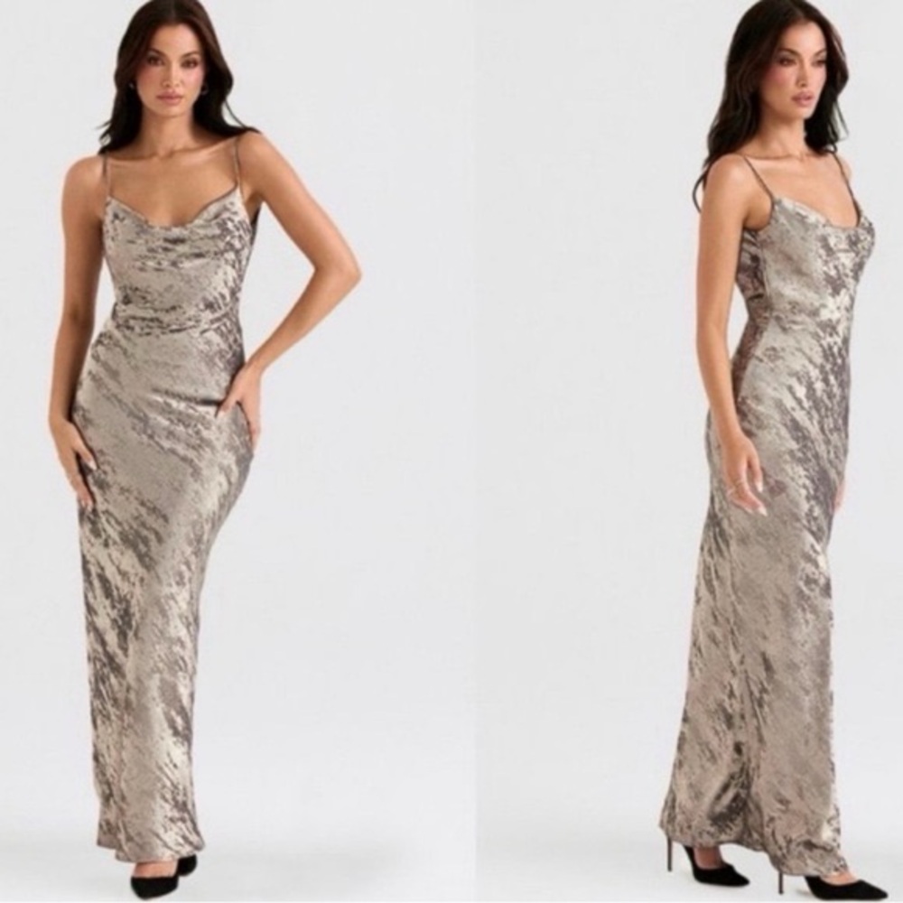 GABRIELLE Pewter Satin Maxi Dress